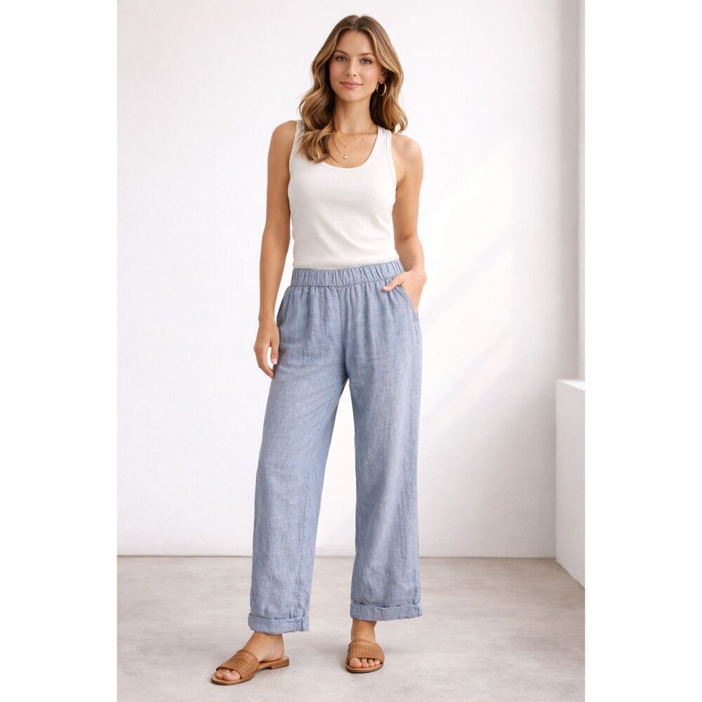 Rachel Roy Medium Blue 100% Linen Pants Coastal Chic Resort Wear Vibe